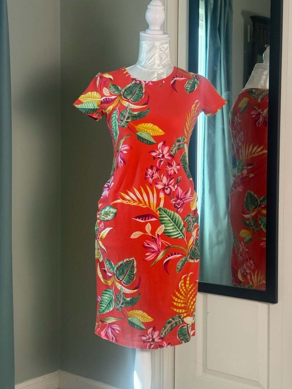 Old Navy S Red Tropical Floral Fitted Bodycon Midi Dress Y2K Vacation Maternity